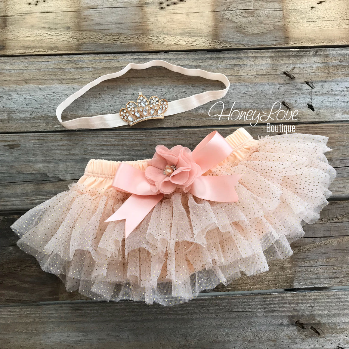 Peach and Gold glitter tutu skirt bloomers and tiara headband - embellished bloomers - HoneyLoveBoutique