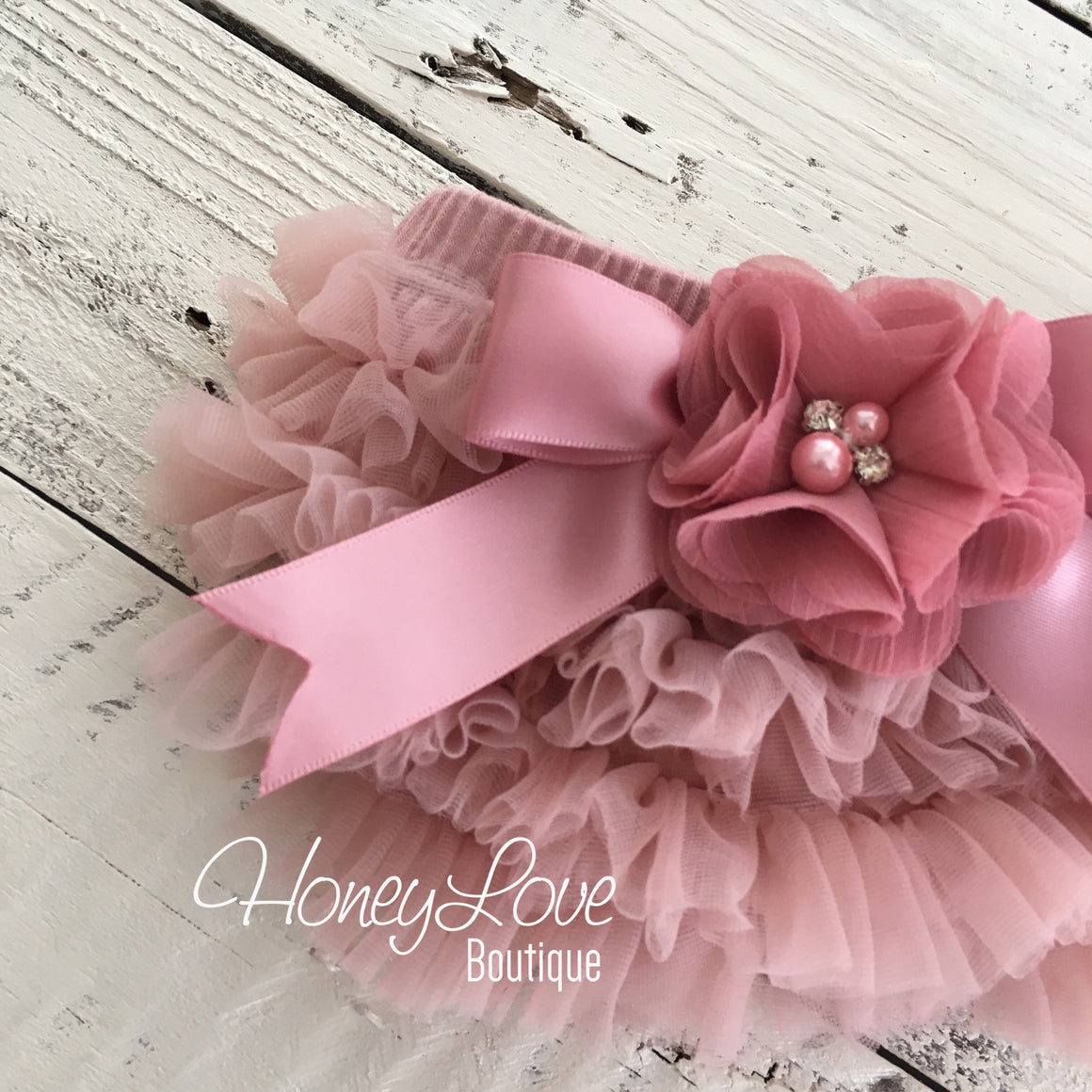 Vintage Pink ruffle bottom bloomers and headband - embellished bloomers - HoneyLoveBoutique