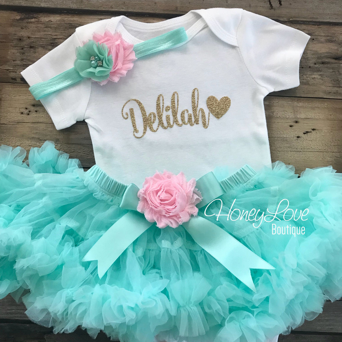 PERSONALIZED Name Outfit - Mint/Aqua and Gold Glitter - Light Pink shabby flower embellished pettiskirt - HoneyLoveBoutique