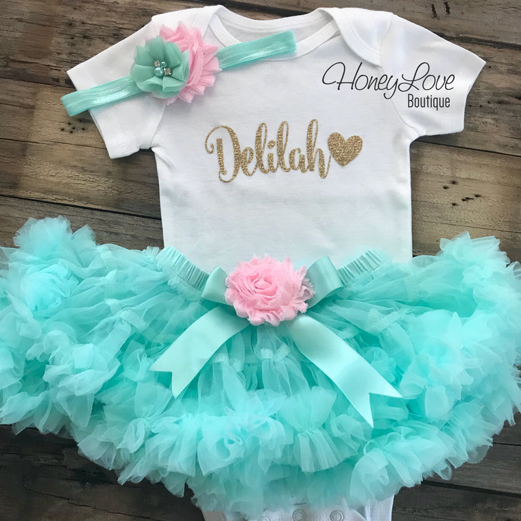 PERSONALIZED Name Outfit - Mint/Aqua and Gold Glitter - Light Pink shabby flower embellished pettiskirt - HoneyLoveBoutique