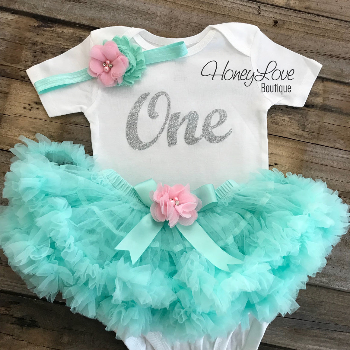 One - Birthday Outfit - Mint/Aqua, Light Pink and Silver/Gold glitter - embellished pettiskirt - HoneyLoveBoutique