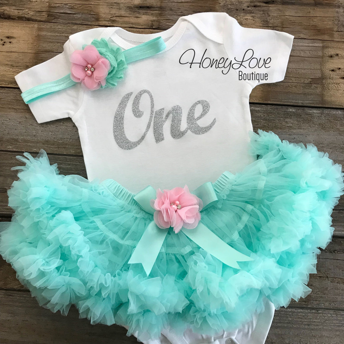 One - Birthday Outfit - Mint/Aqua, Light Pink and Silver/Gold glitter - embellished pettiskirt - HoneyLoveBoutique