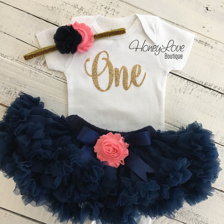 One - Birthday Outfit - Navy Blue, Coral and Gold/Silver glitter - HoneyLoveBoutique