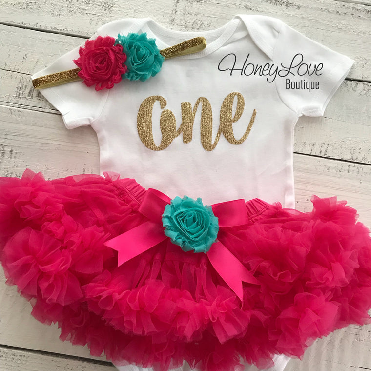 One - Birthday Outfit - Silver or Gold and watermelon pink/turquoise - embellished pettiskirt - HoneyLoveBoutique