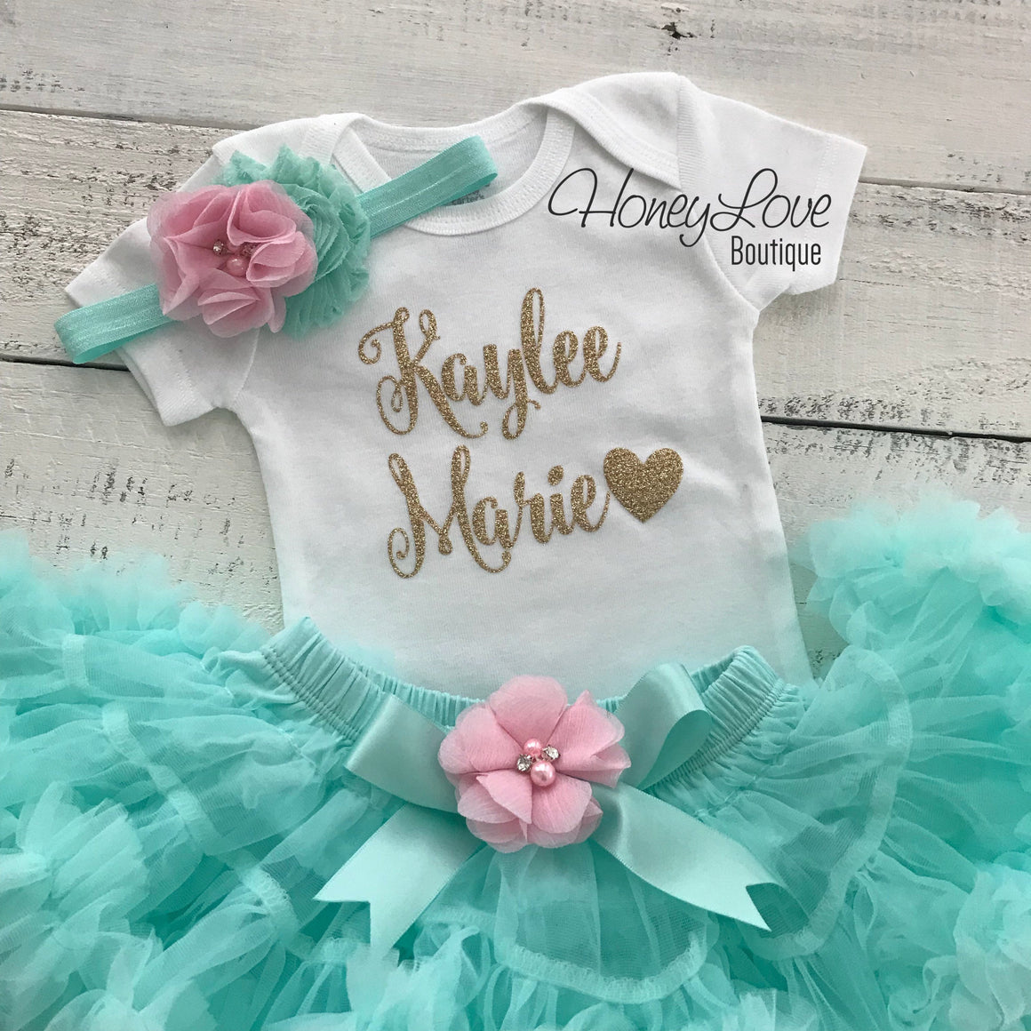 PERSONALIZED Name Outfit - Mint/Aqua and Gold Glitter - Light Pink flower embellished pettiskirt - HoneyLoveBoutique