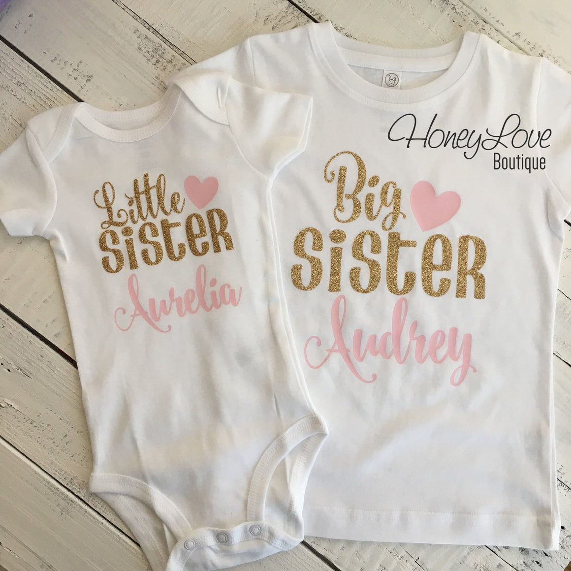 PERSONALIZED Sister Bodysuits and Shirts - Light Pink and Gold Glitter - HoneyLoveBoutique