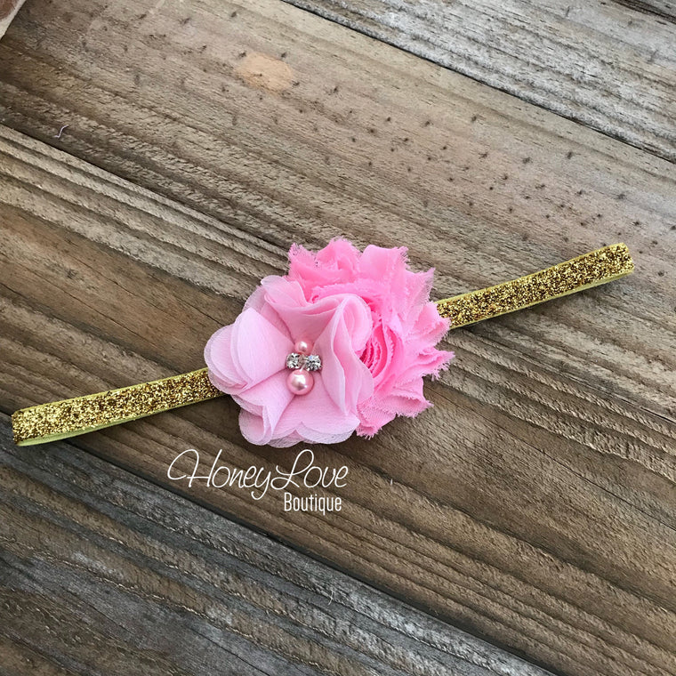 Light Pink/Bubblegum Pink shabby flower headband - Silver or Gold glitter elastic - HoneyLoveBoutique