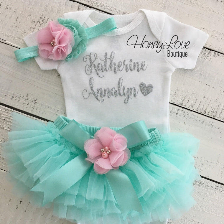 PERSONALIZED Name Outfit - Mint/Aqua and Silver Glitter - Light Pink flower embellished tutu skirt bloomers - HoneyLoveBoutique