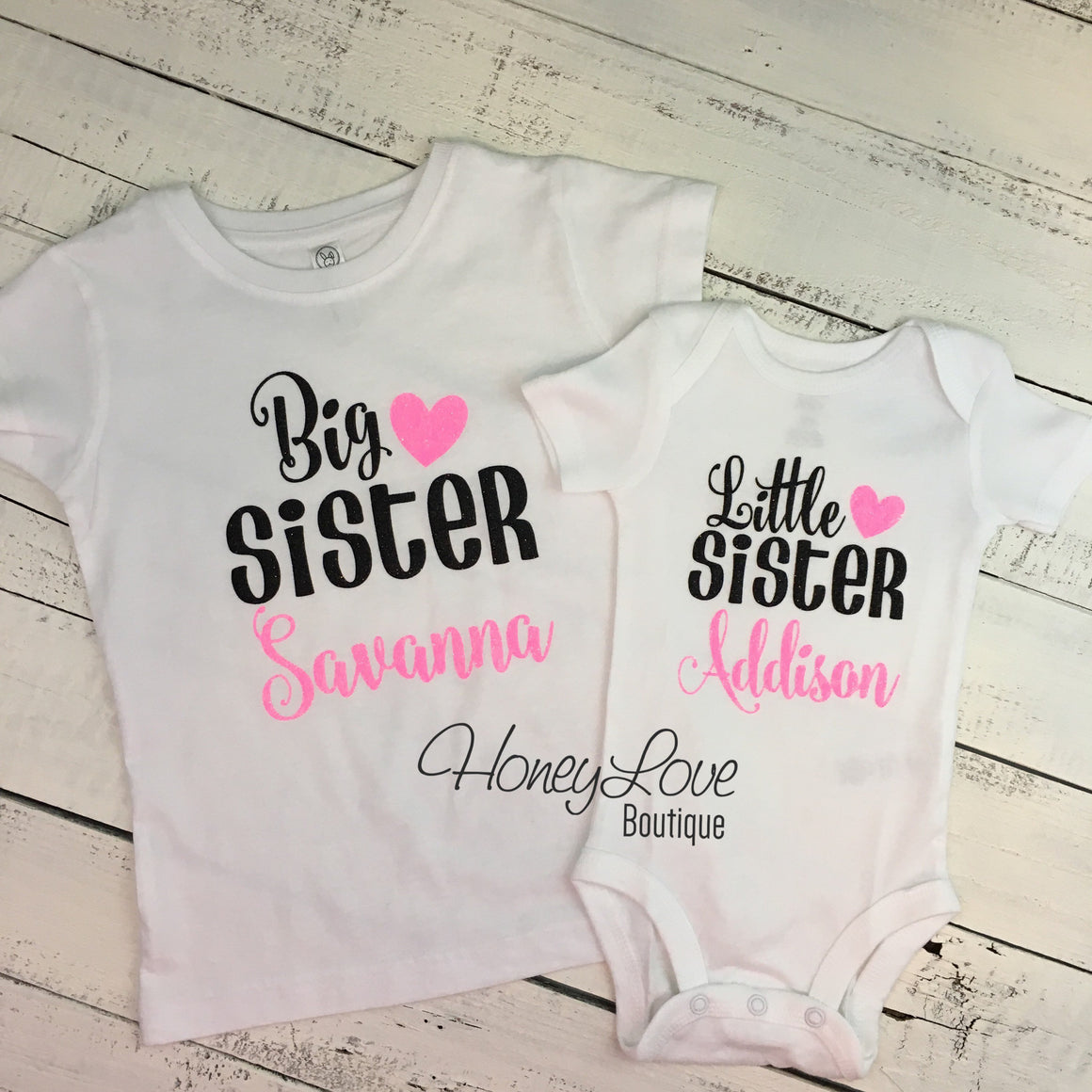 PERSONALIZED Sister Bodysuits and Shirts - Neon Pink Glitter and Black - HoneyLoveBoutique