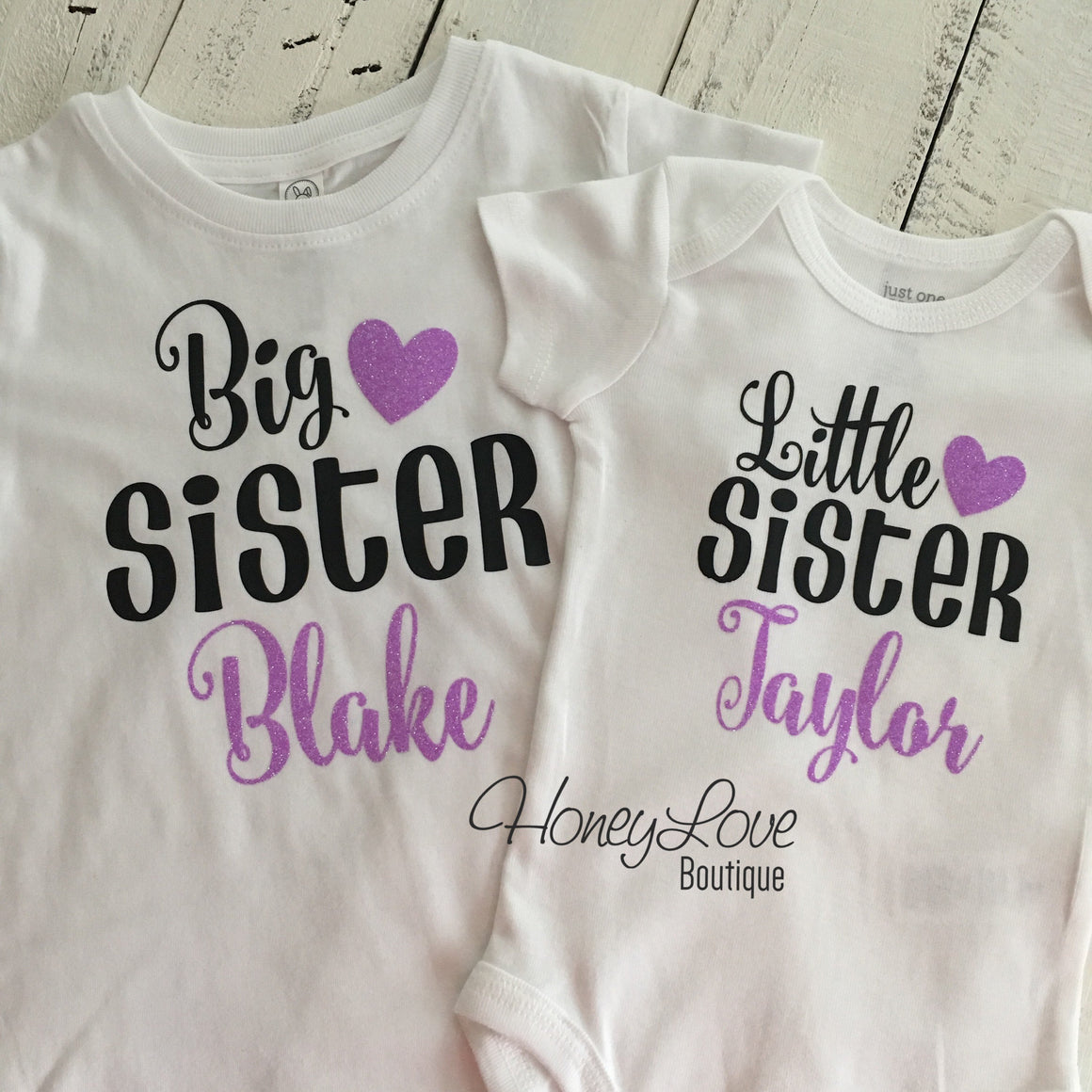 PERSONALIZED Sister Bodysuits and Shirts - Lavender Glitter and Black - HoneyLoveBoutique