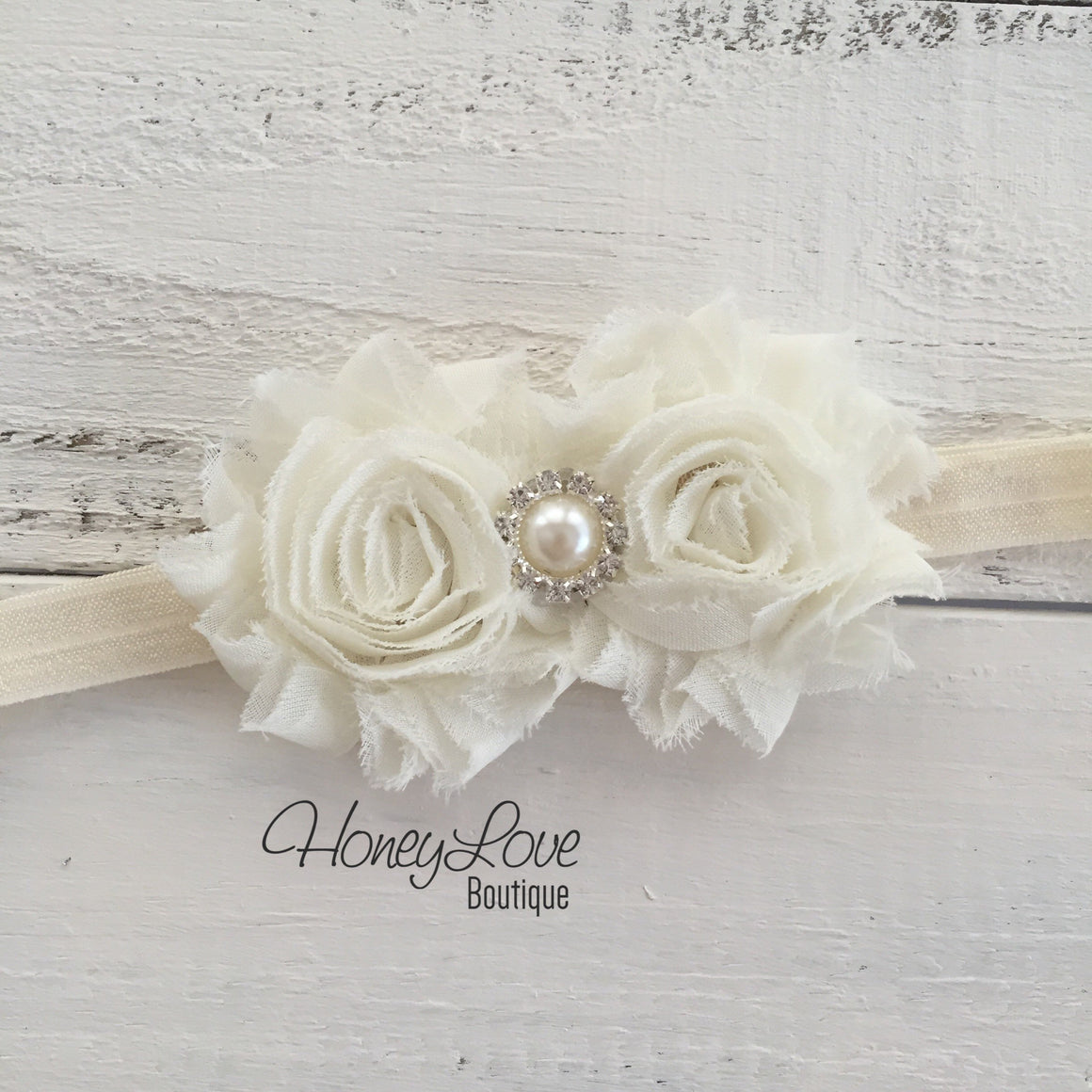 Ivory double flower headband - Pearl and Rhinestone center - HoneyLoveBoutique