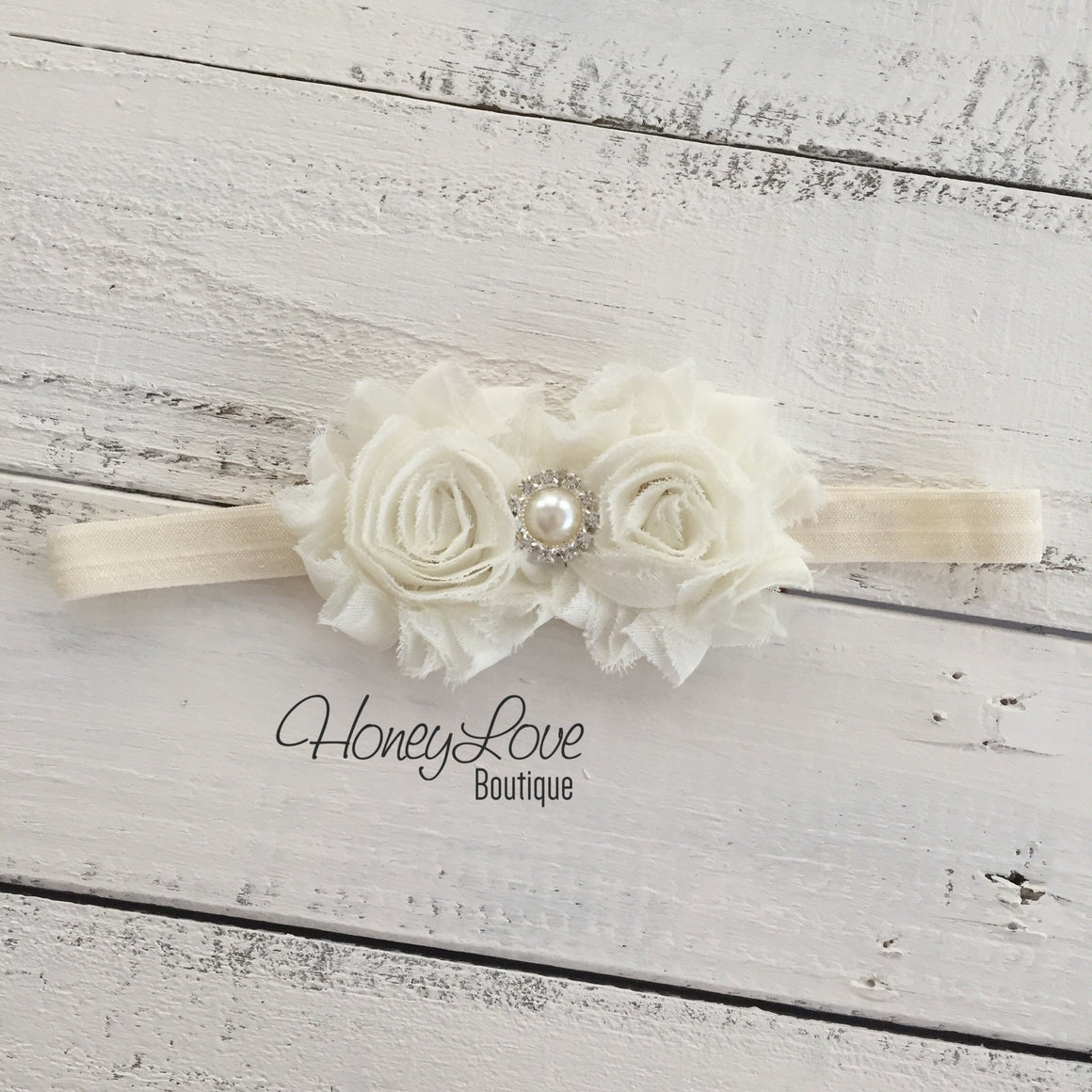 Ivory double flower headband - Pearl and Rhinestone center - HoneyLoveBoutique