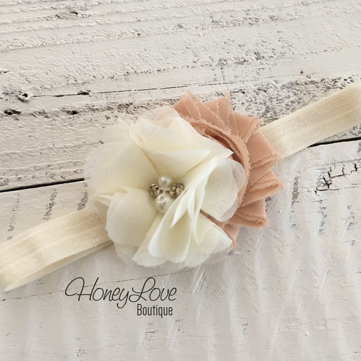 Ivory and Beige shabby chiffon flower headband - HoneyLoveBoutique