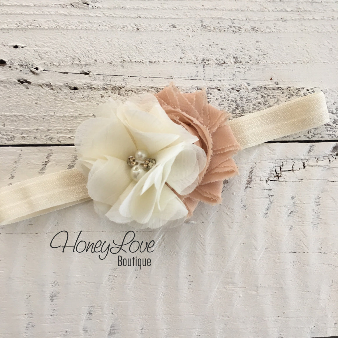 Ivory and Beige shabby chiffon flower headband - HoneyLoveBoutique