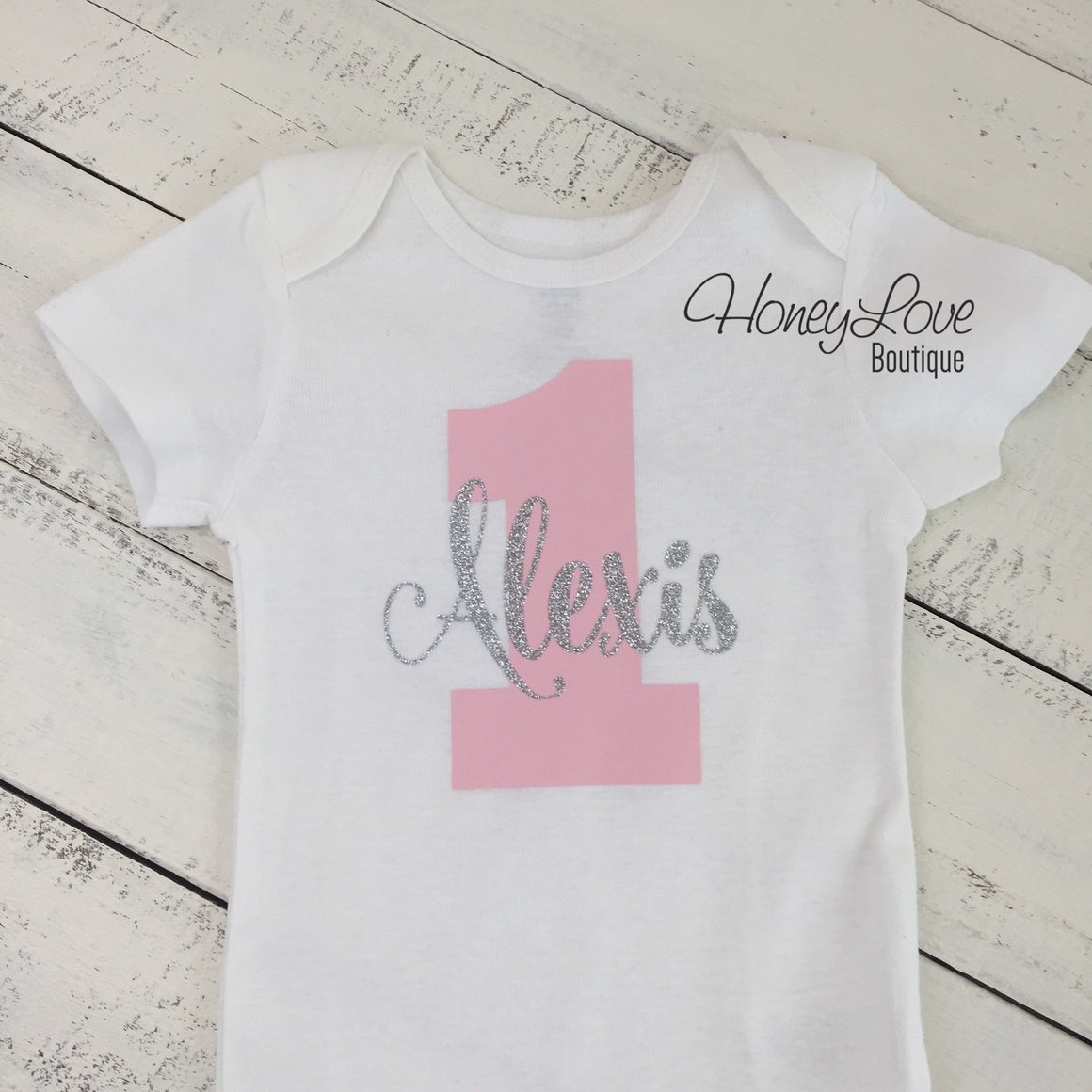 Personalized 1st Birthday Bodysuit - Light Pink and Gold/Silver glitter - HoneyLoveBoutique