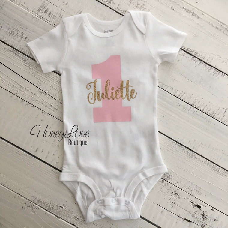 Personalized 1st Birthday Bodysuit - Light Pink and Gold/Silver glitter - HoneyLoveBoutique