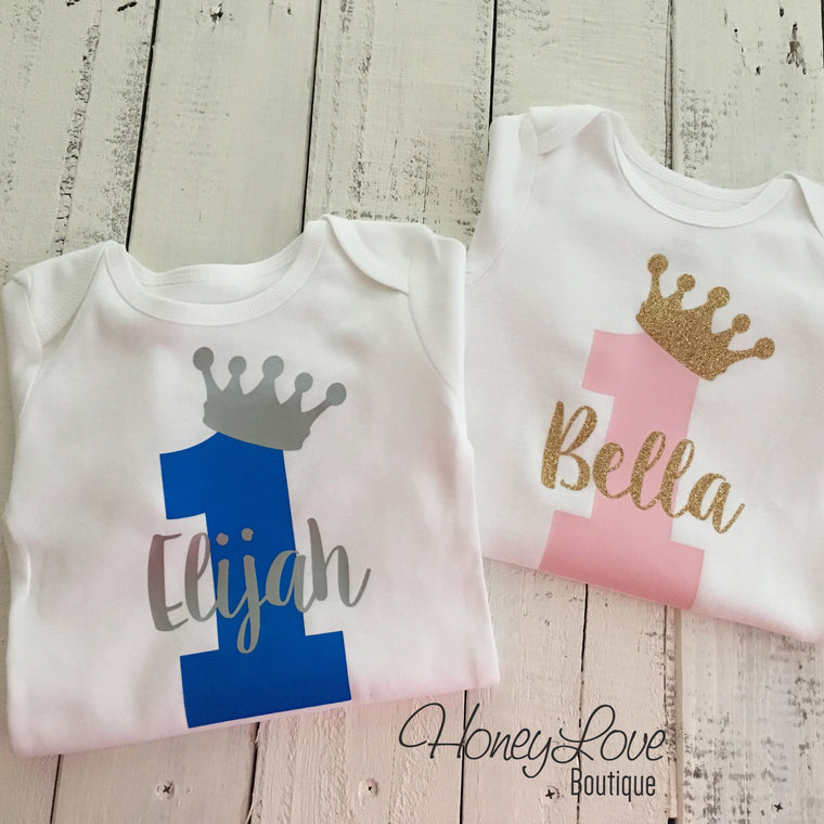 Personalized First Birthday Prince/Princess Bodysuit - Boy/Girl Twins - HoneyLoveBoutique