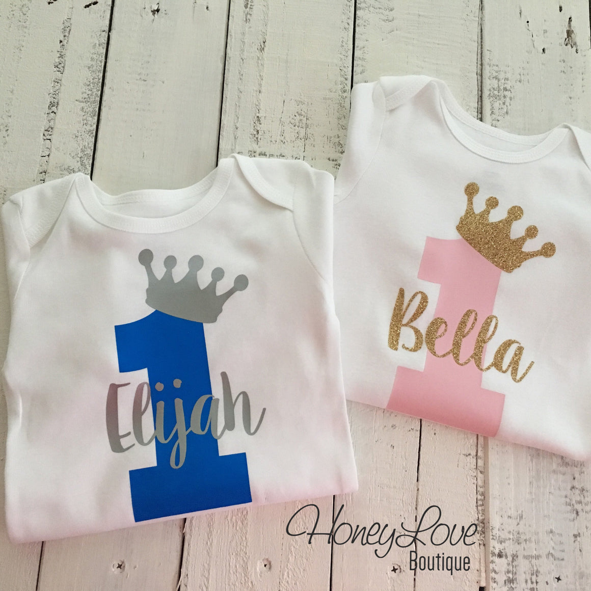 Personalized First Birthday Prince/Princess Bodysuit - Boy/Girl Twins - HoneyLoveBoutique