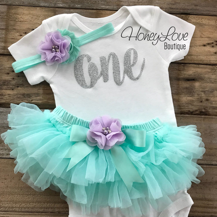 One - Birthday Outfit - Mint/Aqua, Lavender Purple and Silver/Gold glitter - embellished tutu skirt bloomers - HoneyLoveBoutique