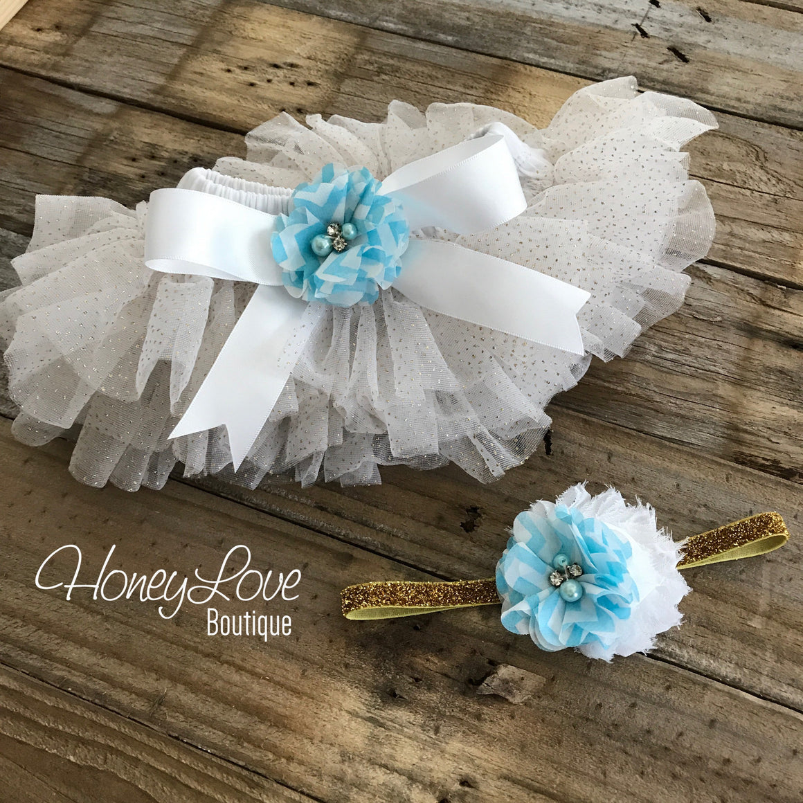 White with gold glitter tutu skirt bloomers and Blue Chevron Flower headband - embellished bloomers - HoneyLoveBoutique