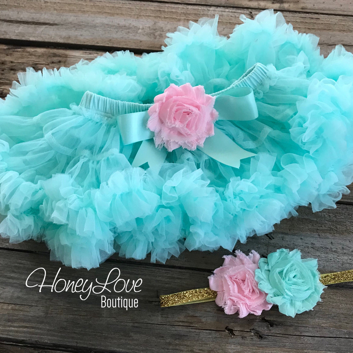 Personalized 1st Birthday Princess Outfit - Gold Glitter, Light Pink and Mint/Aqua - embellished pettiskirt - HoneyLoveBoutique