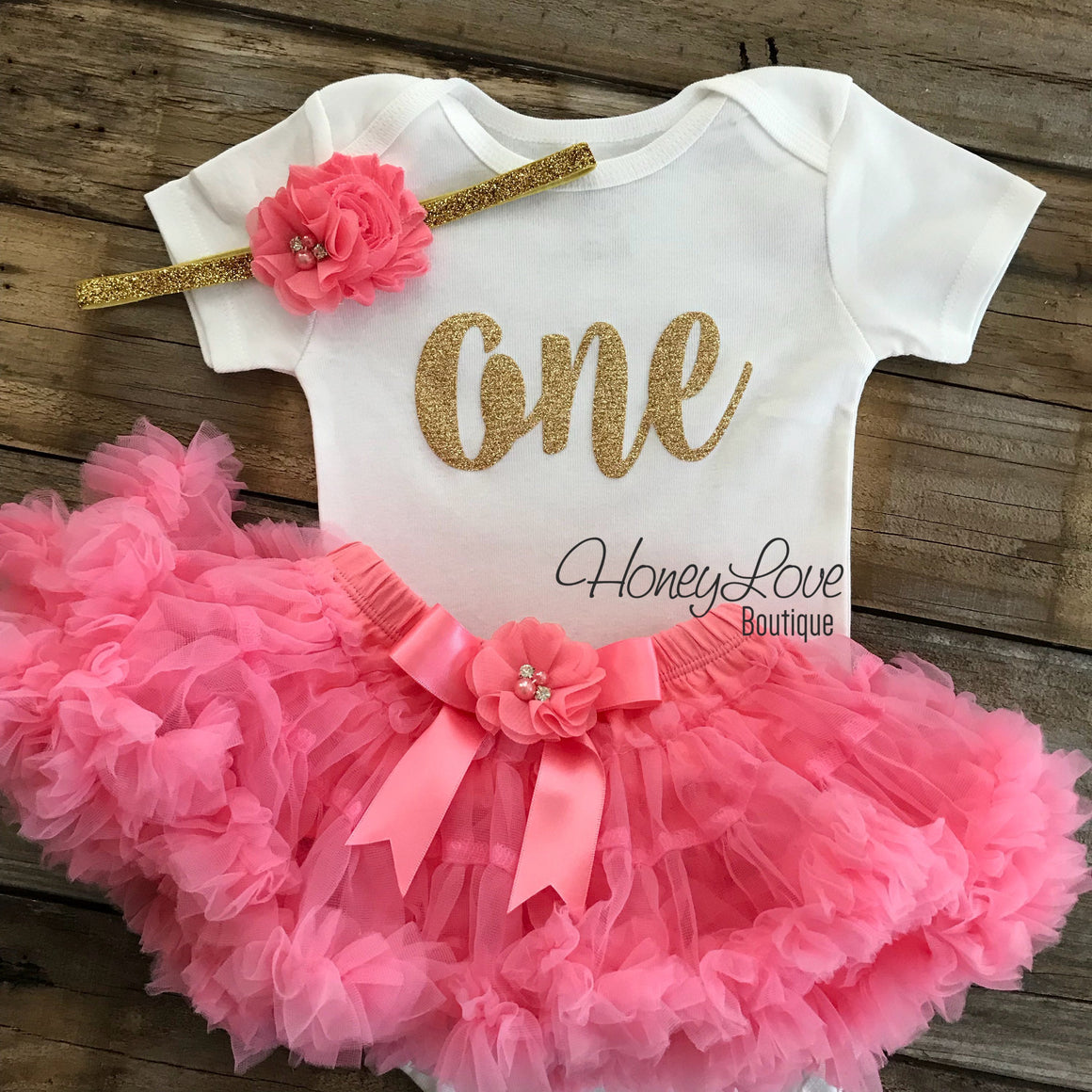 One - Birthday Outfit - Gold glitter and Coral Pink - embellished pettiskirt - HoneyLoveBoutique