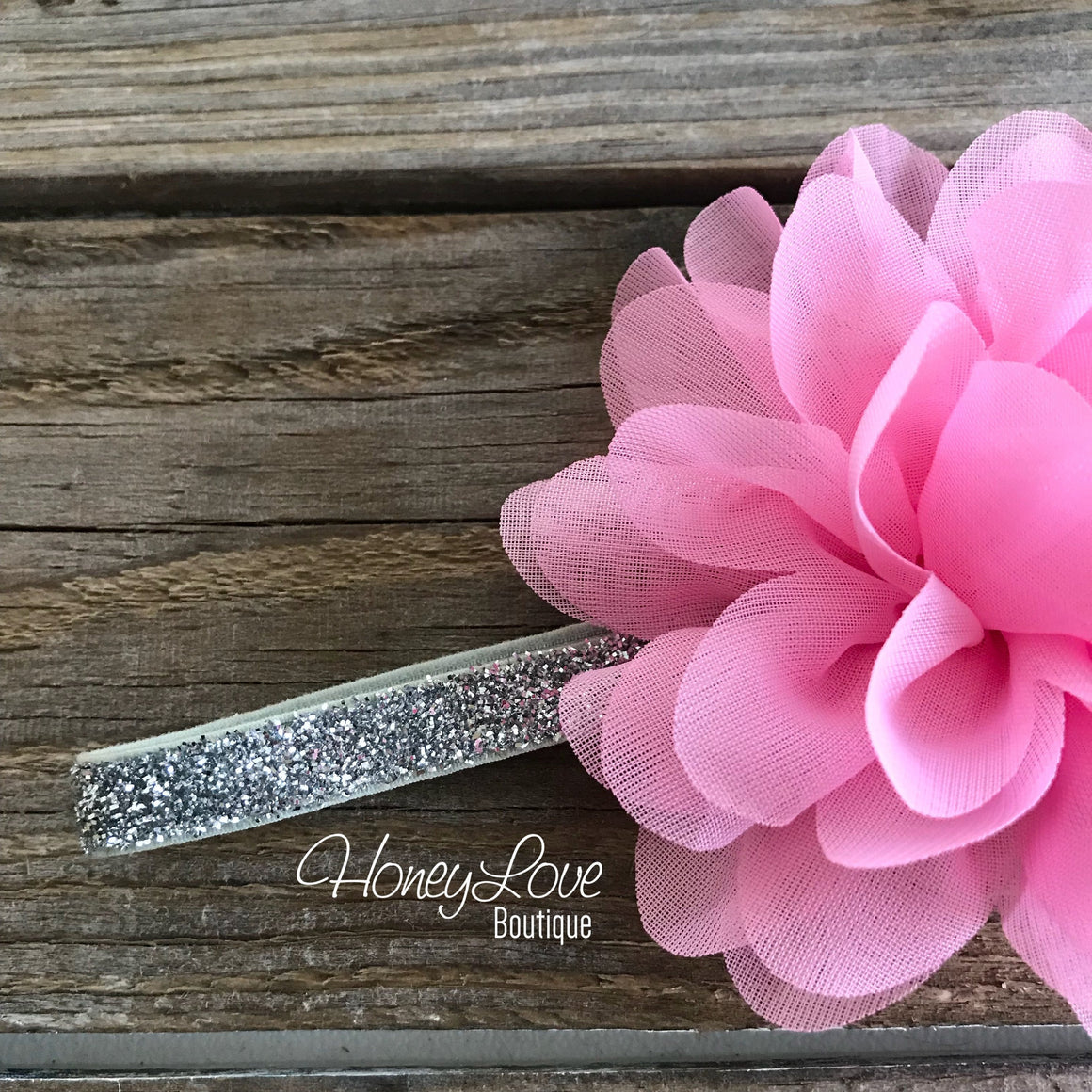 Light Pink fluffy flower headband - SILVER/GOLD glitter elastic - HoneyLoveBoutique