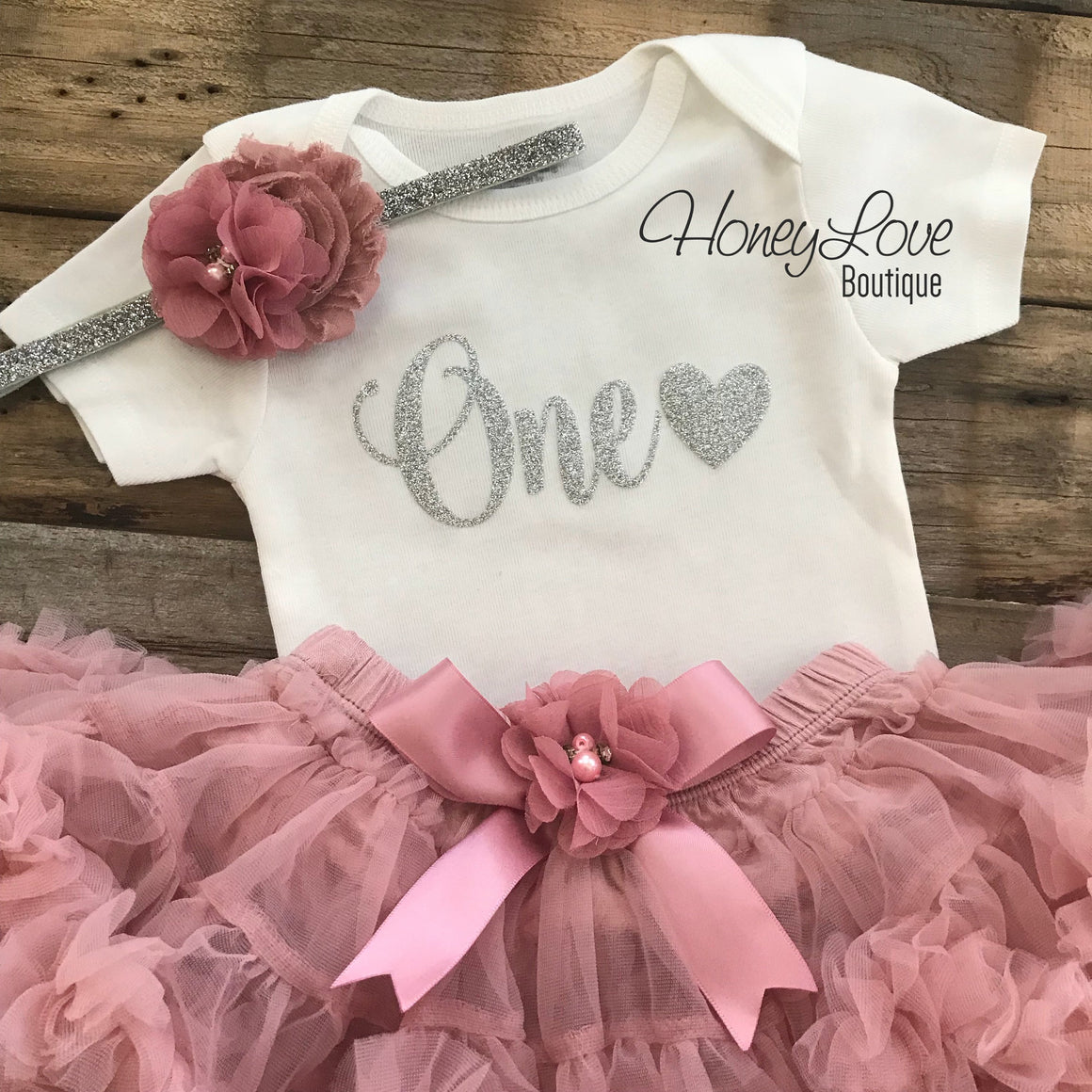 One with heart - Birthday Outfit - Vintage Pink and Silver/Gold Glitter - HoneyLoveBoutique