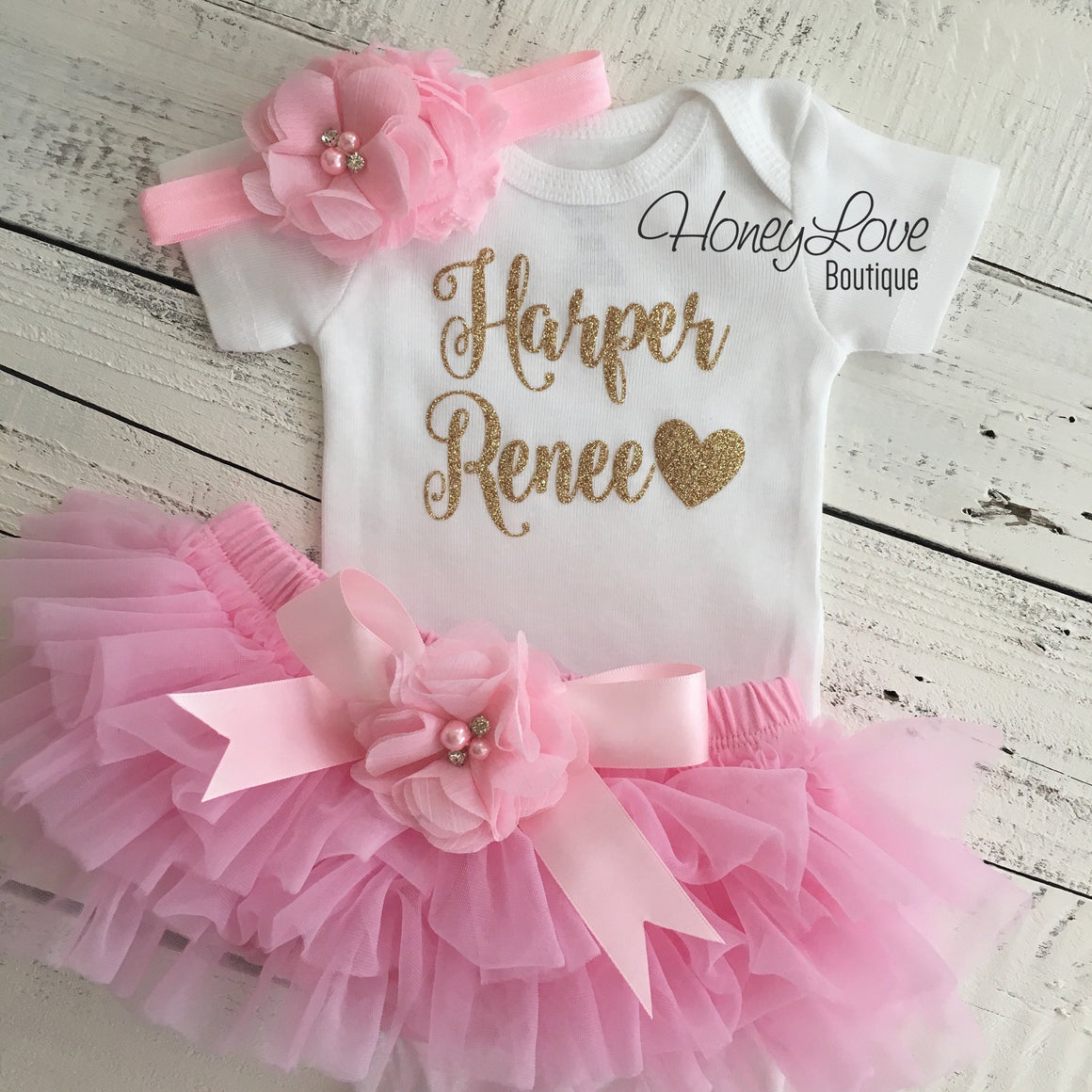 PERSONALIZED Name Outfit - Gold Glitter and Light Pink - Embellished bloomers - HoneyLoveBoutique