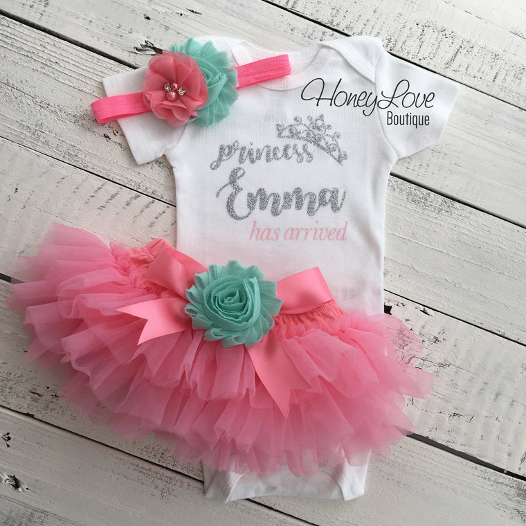 Personalized Princess Has Arrived outfit - Coral Pink, Mint/Aqua and Gold/Silver glitter - HoneyLoveBoutique