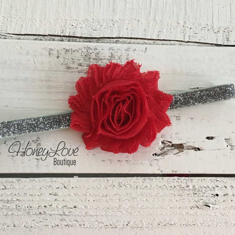 Red shabby flower headband - SILVER/GOLD glitter elastic - HoneyLoveBoutique