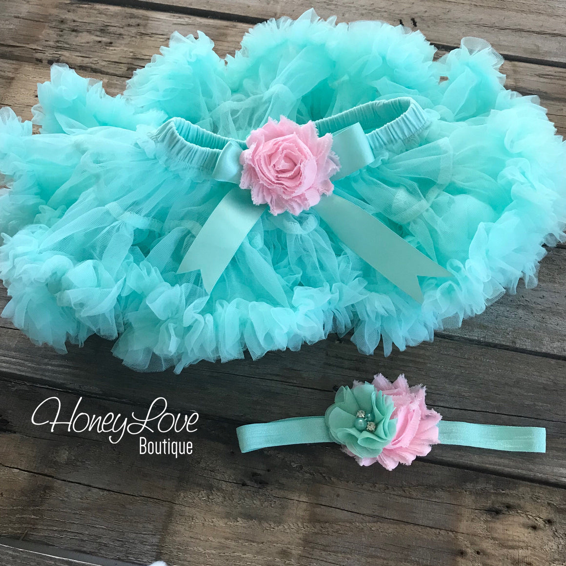 PERSONALIZED Name Outfit - Mint/Aqua and Gold Glitter - Light Pink shabby flower embellished pettiskirt - HoneyLoveBoutique