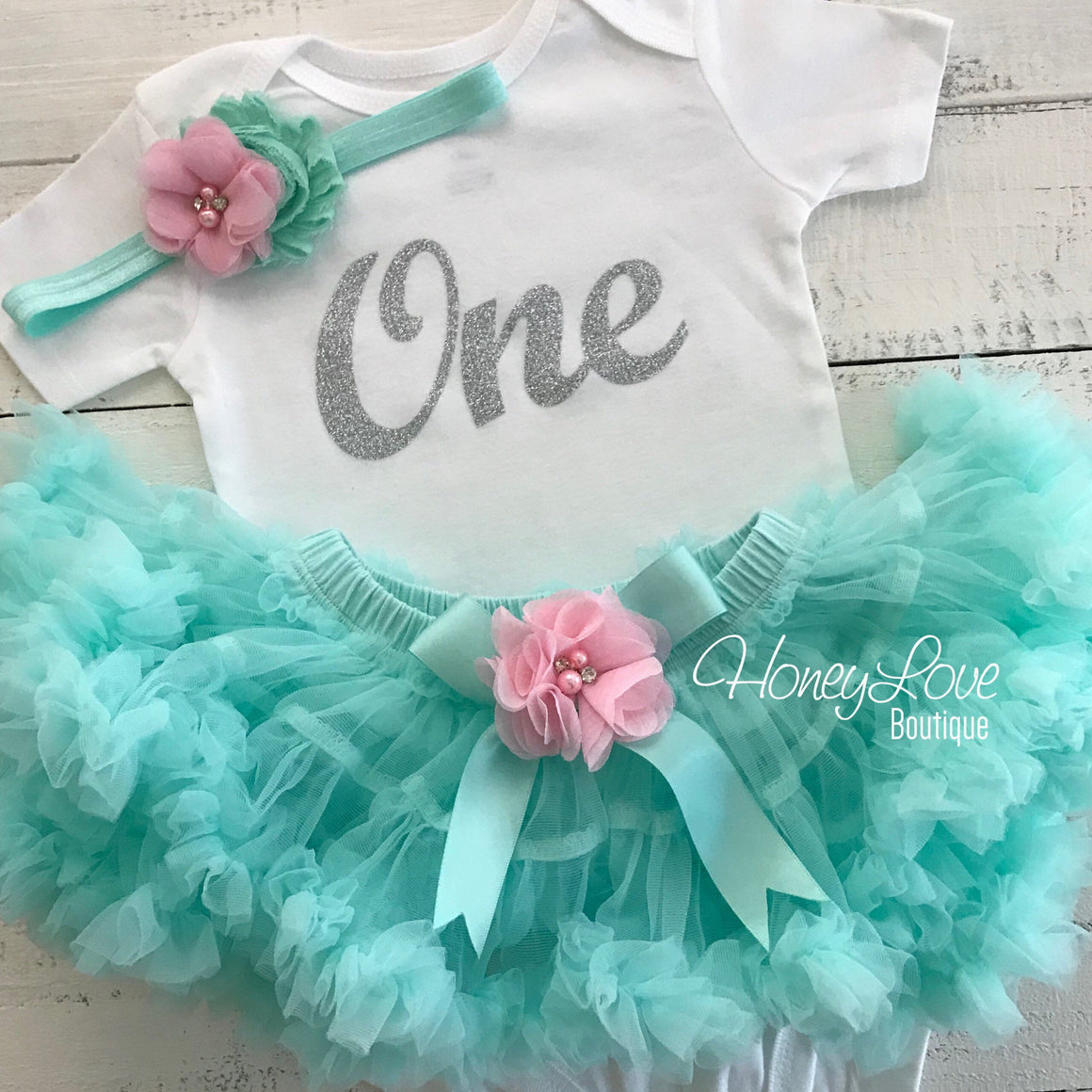 One - Birthday Outfit - Mint/Aqua, Light Pink and Silver/Gold glitter - embellished pettiskirt - HoneyLoveBoutique