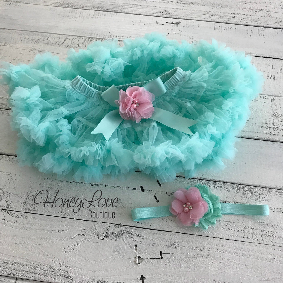 One - Birthday Outfit - Mint/Aqua, Light Pink and Silver/Gold glitter - embellished pettiskirt - HoneyLoveBoutique