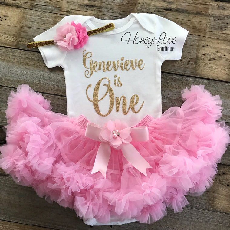 Personalized Name "is One" - 1st Birthday Outfit - Light Pink and Silver/Gold Glitter - embellished pettiskirt - HoneyLoveBoutique