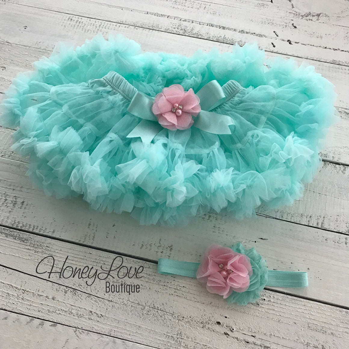 PERSONALIZED Name Outfit - Mint/Aqua and Gold Glitter - Light Pink flower embellished pettiskirt - HoneyLoveBoutique