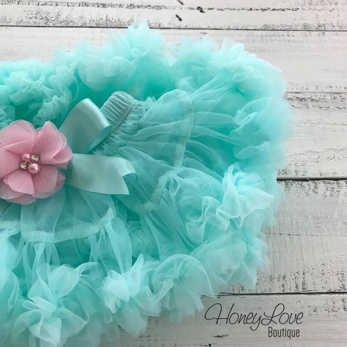 PERSONALIZED Name Outfit - Mint/Aqua and Gold Glitter - Light Pink flower embellished pettiskirt - HoneyLoveBoutique
