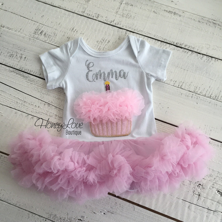 Personalized Cupcake Tutu Dress - Silver or Gold glitter - HoneyLoveBoutique