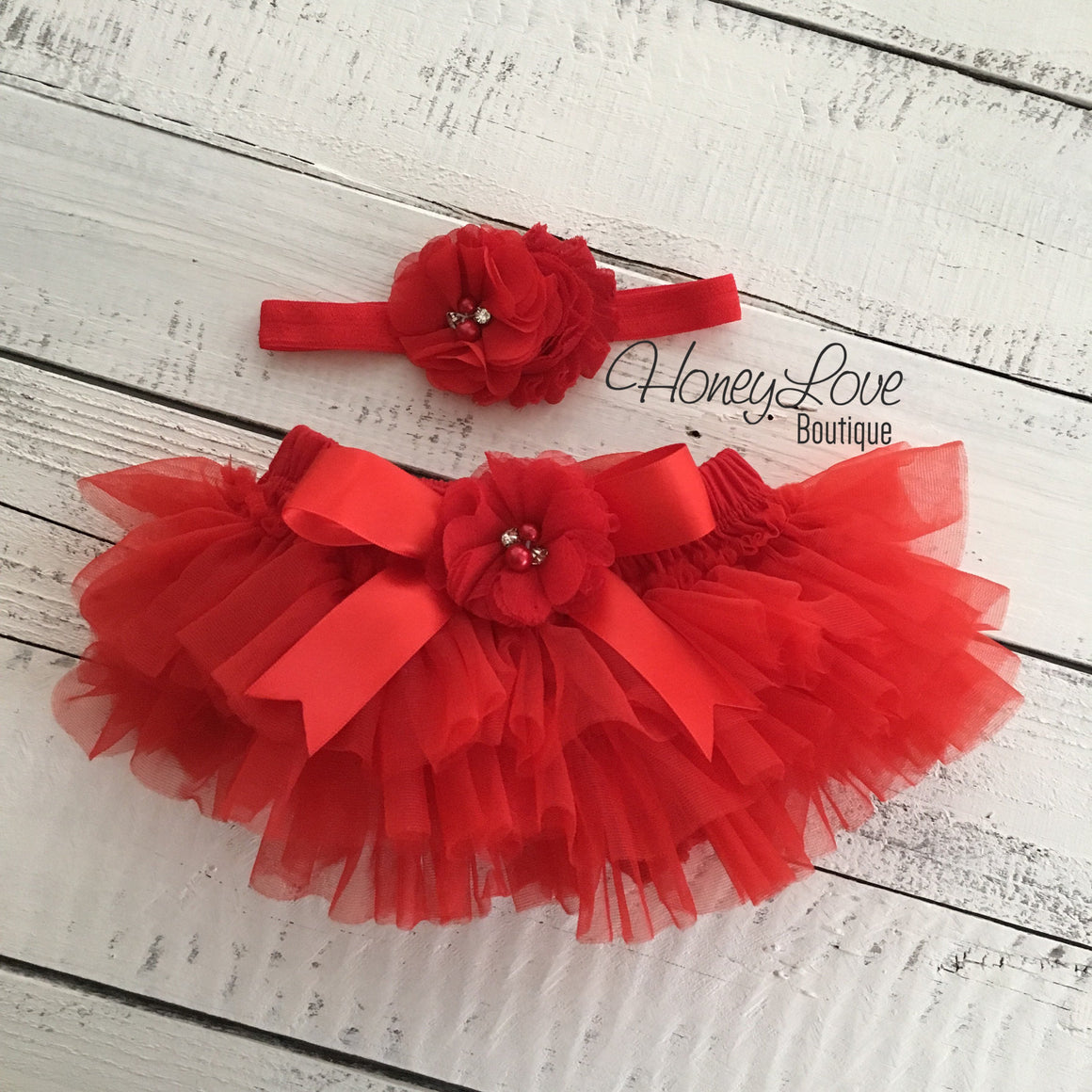 PERSONALIZED Name Outfit - Red and Gold Glitter - Red flower embellished tutu skirt bloomers - HoneyLoveBoutique