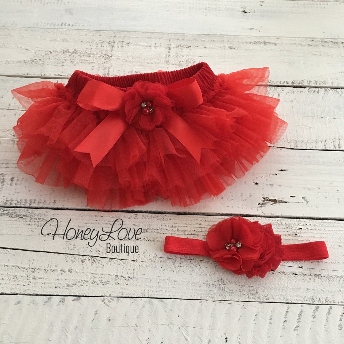 PERSONALIZED Name Outfit - Red and Gold Glitter - Red flower embellished tutu skirt bloomers - HoneyLoveBoutique