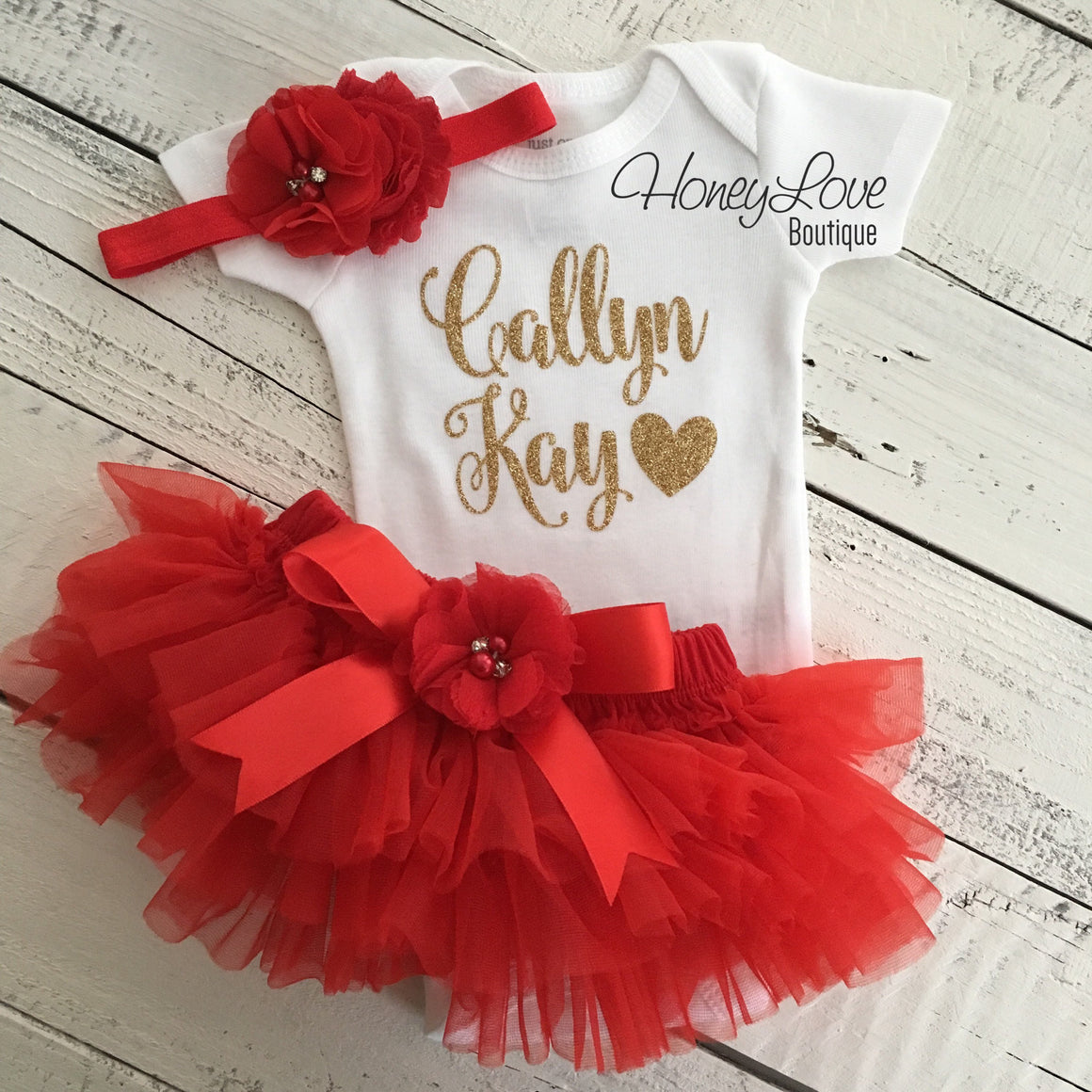 PERSONALIZED Name Outfit - Red and Gold Glitter - Red flower embellished tutu skirt bloomers - HoneyLoveBoutique