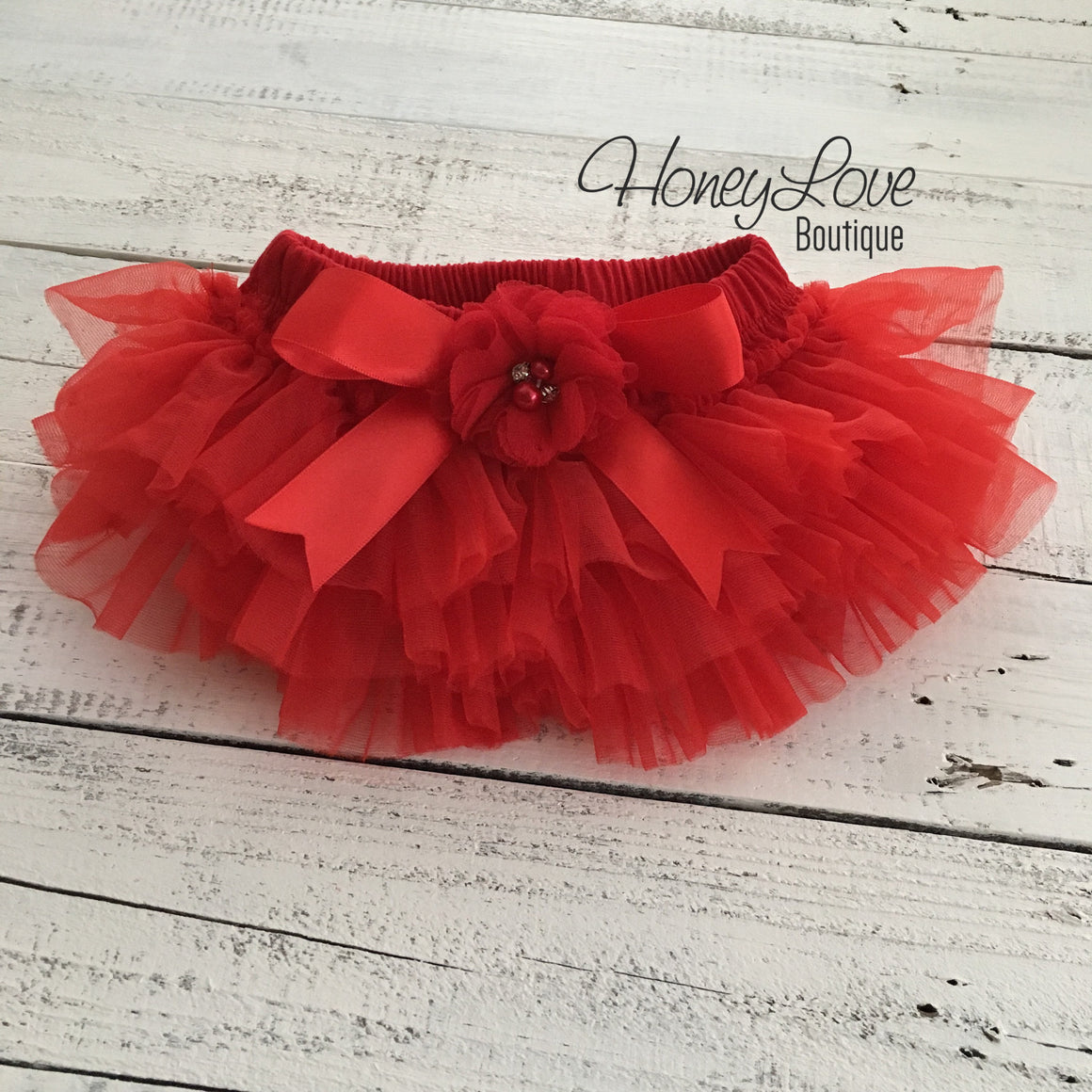 Red tutu skirt bloomers - embellished red rhinestone/pearl flower - HoneyLoveBoutique