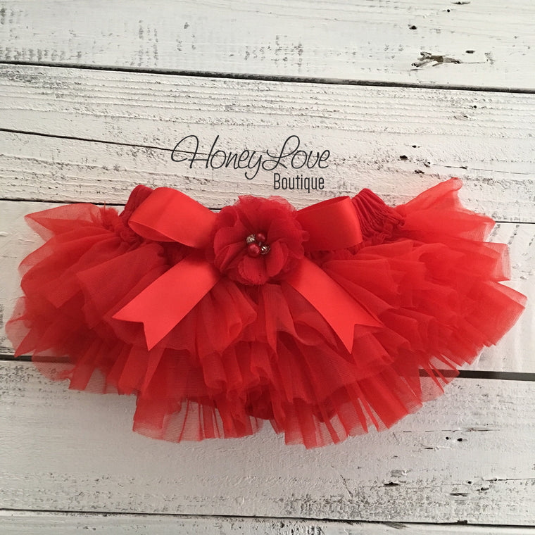 Red tutu skirt bloomers - embellished red rhinestone/pearl flower - HoneyLoveBoutique