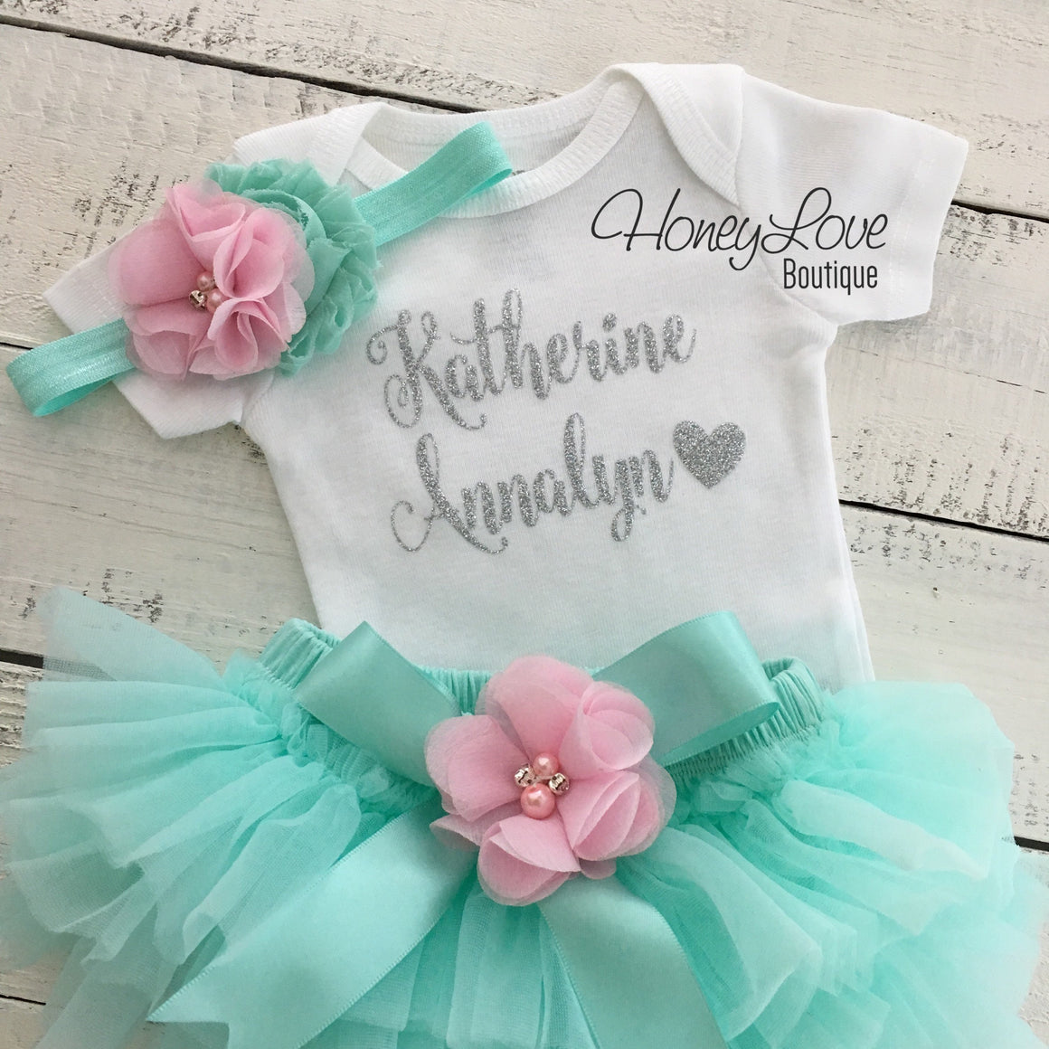 PERSONALIZED Name Outfit - Mint/Aqua and Silver Glitter - Light Pink flower embellished tutu skirt bloomers - HoneyLoveBoutique