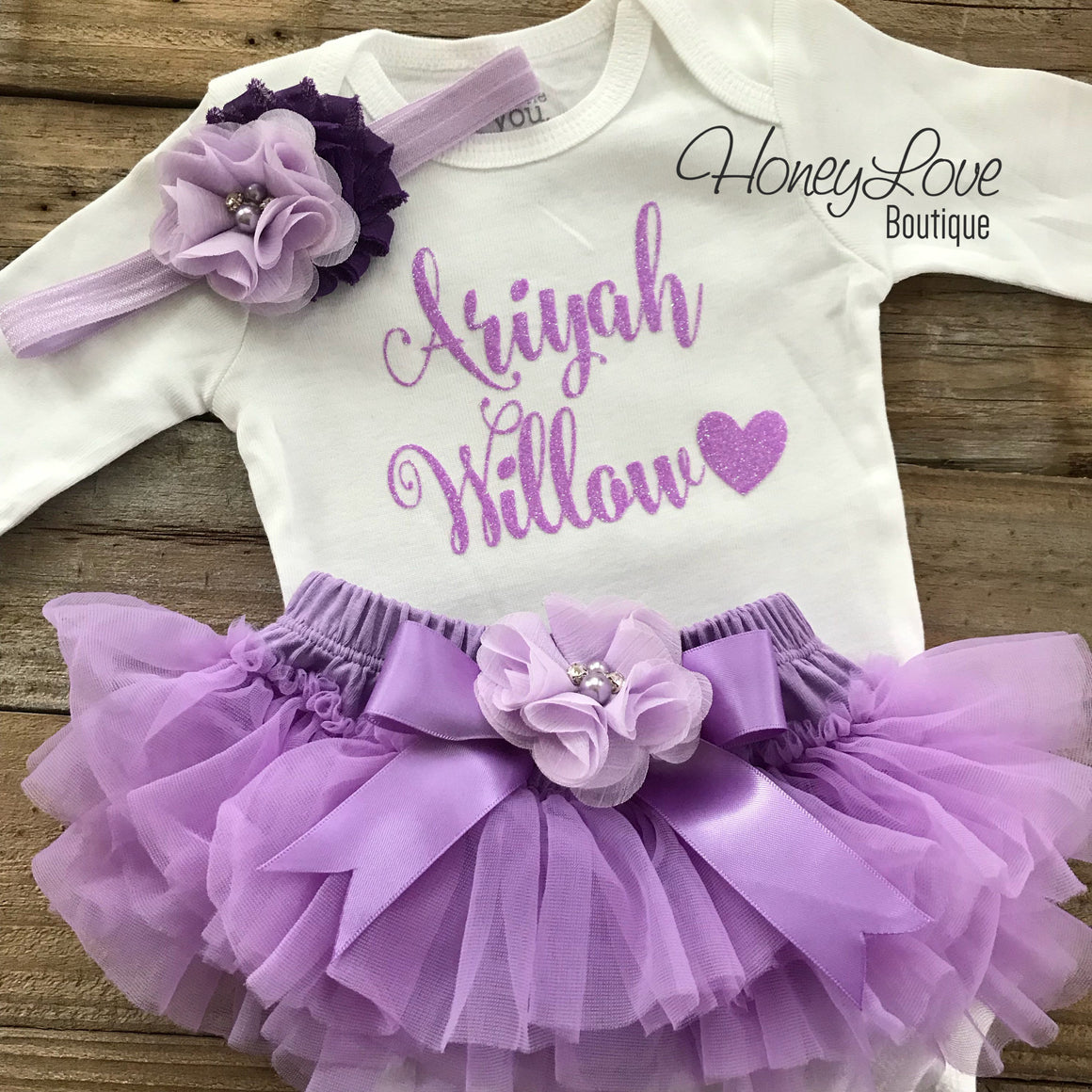 PERSONALIZED Name Outfit - Lavender Glitter and Lavender Purple - embellished bloomers - HoneyLoveBoutique