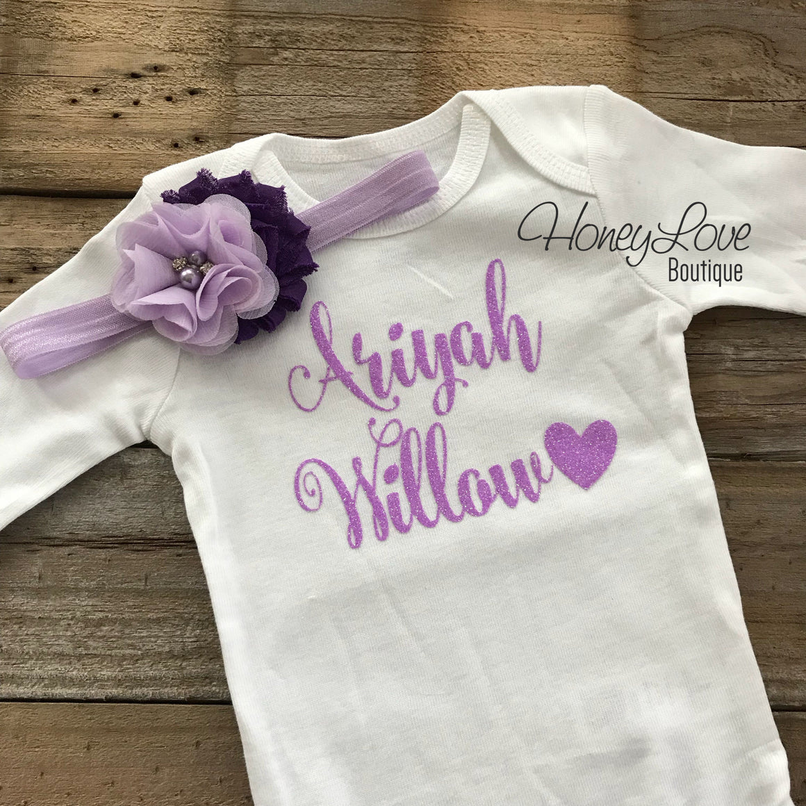 PERSONALIZED Name Outfit - Lavender Glitter and Lavender Purple - embellished bloomers - HoneyLoveBoutique