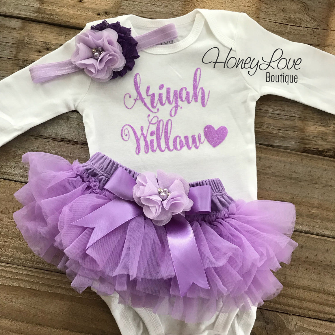 PERSONALIZED Name Outfit - Lavender Glitter and Lavender Purple - embellished bloomers - HoneyLoveBoutique