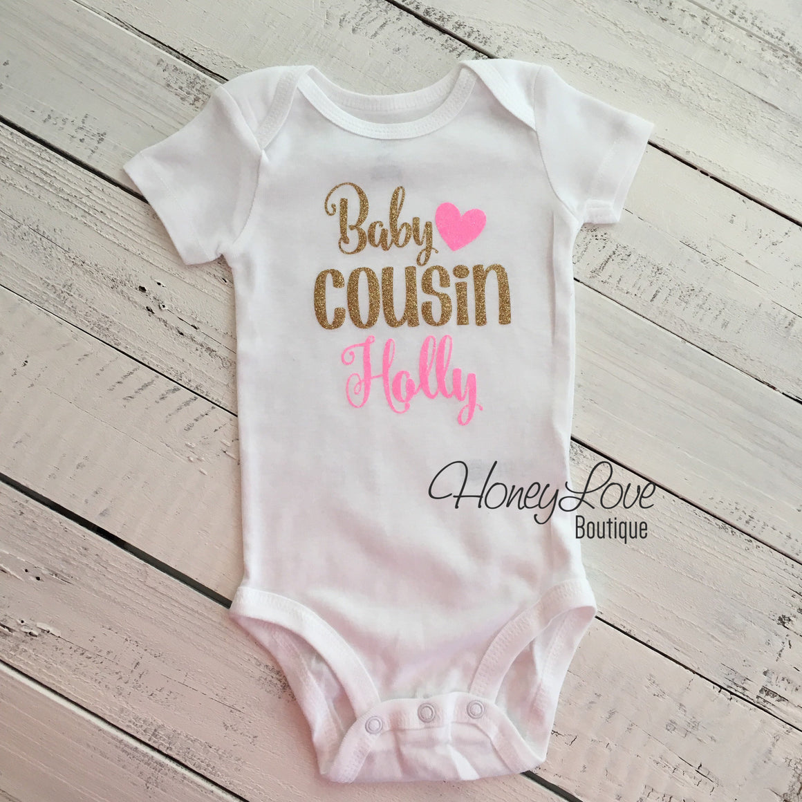 PERSONALIZED Cousin Bodysuits and Shirts - Gold Glitter and Neon Pink Glitter - HoneyLoveBoutique