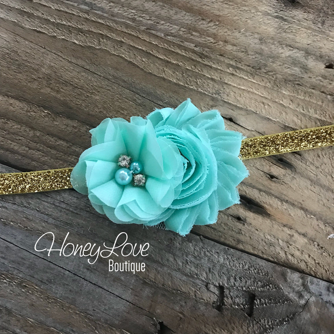 Mint/Aqua shabby chiffon flower headband - Gold glitter elastic - HoneyLoveBoutique