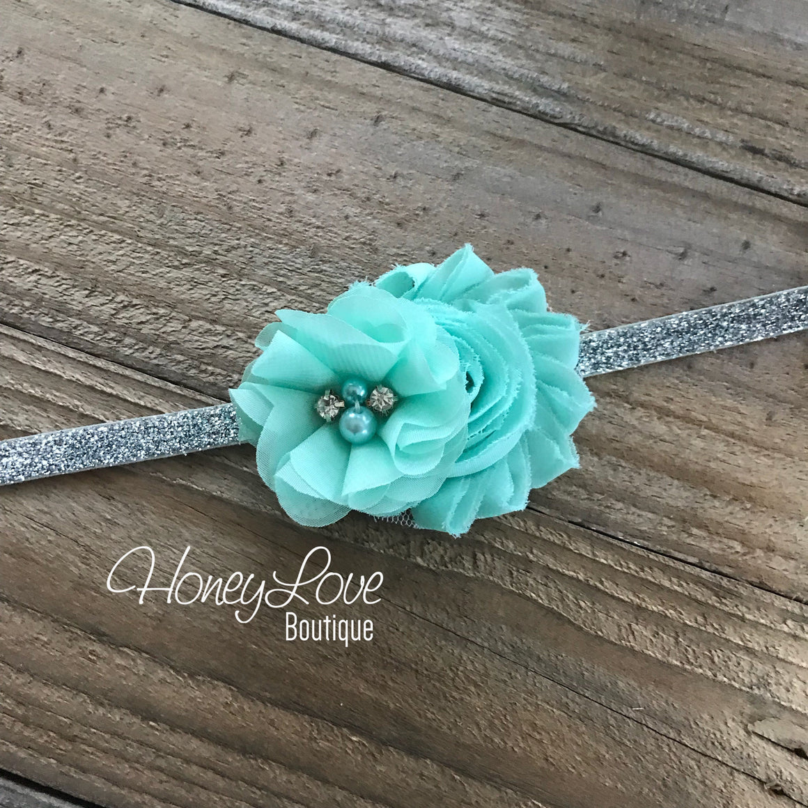 Mint/Aqua shabby chiffon flower headband - Silver glitter elastic - HoneyLoveBoutique